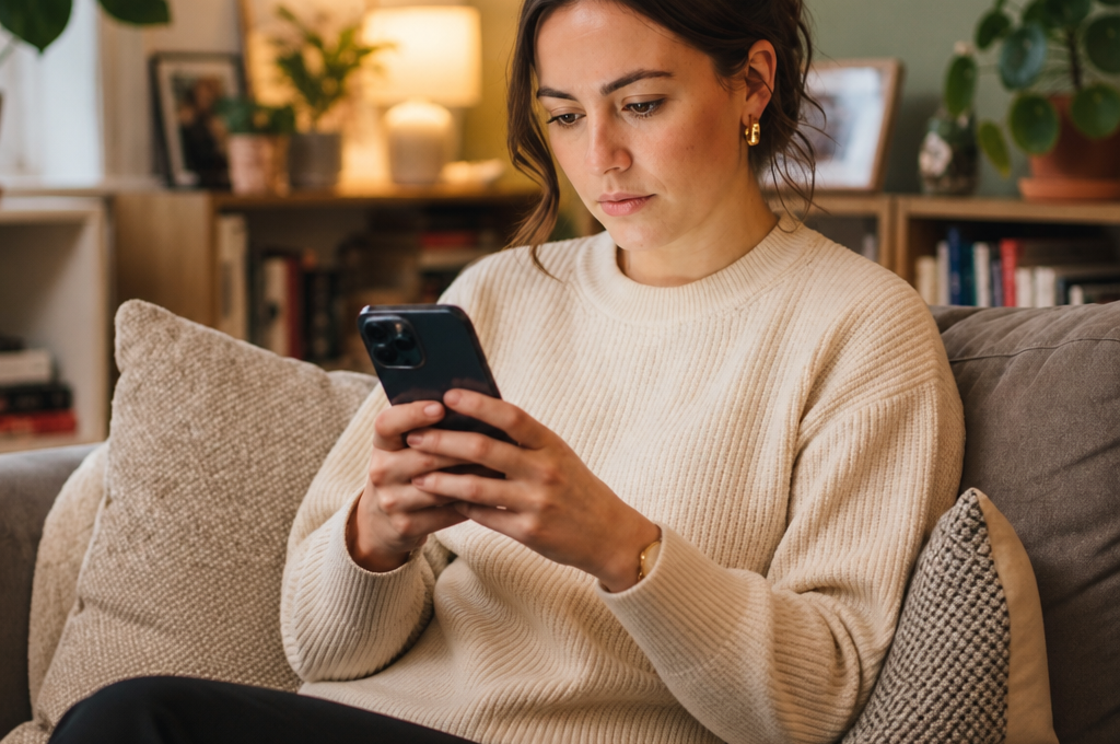 Een vrouw zoekt thuis op de bank iets op met haar telefoon