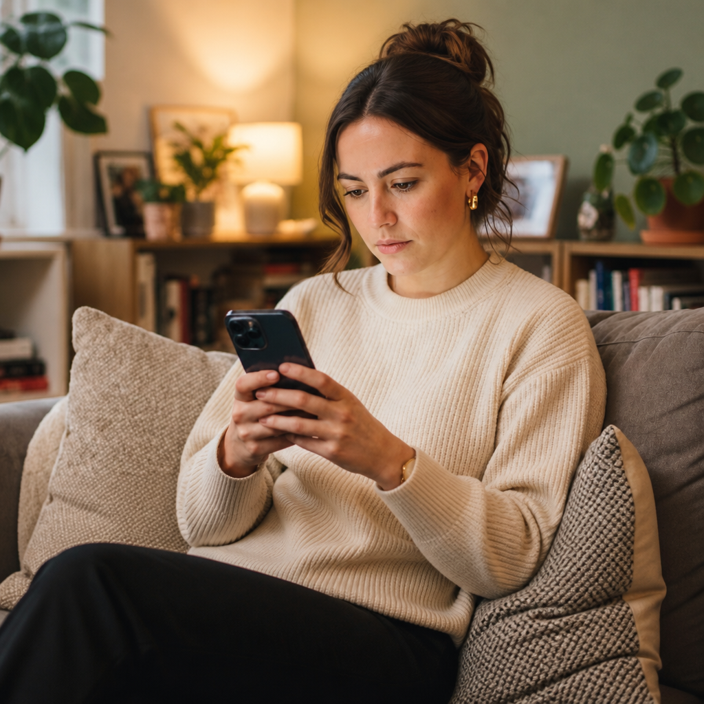Een vrouw zoekt thuis op de bank iets op met haar telefoon